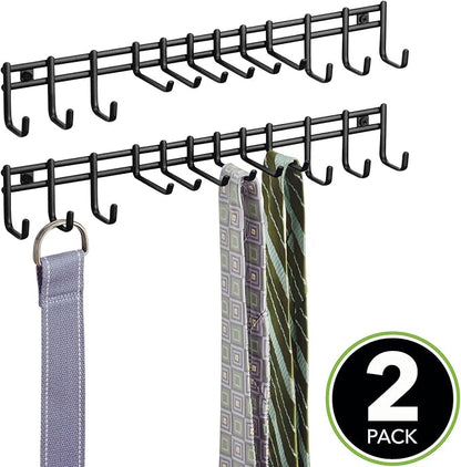 mDesign Closet Wall Mount Metal Accessory Organizer and Storage Center - Modern Slim Holder for Womens and Mens Ties, Belts, Scarves, Sunglasses, Watches - 12 Hooks, 2 Pack, Matte Black