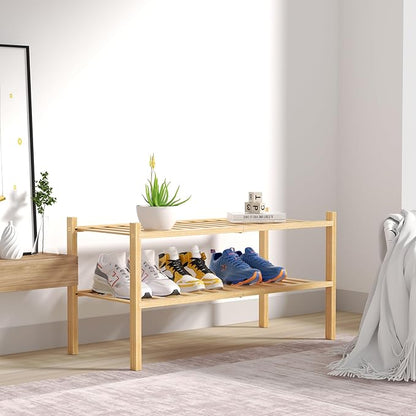 ROMGUAR CRAFT 2 Tier Bamboo Shoe Rack for Closet Free Standing Wood Shoe Shelf for Entryway Small Space Stackable 27"x11"x13" (Natural)