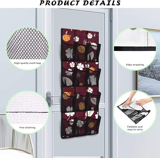 Ladybug Shoe Organizer Over The Door,Hanging Shoe Organizer,Over Door Shoe Organizer,Space Saving Hanging Storage Holder,Closet Rack Hanger with 12 Mesh Pockets for Home Decor