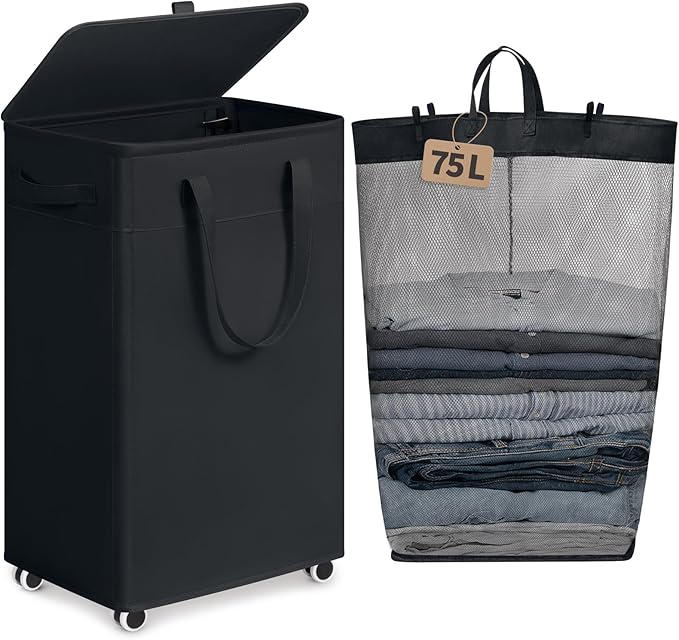 Goodpick Black Laundry Basket with Wheels and Lid, 75L Rolling Laundry Hamper for Dorm Bathroom, Large Tall Dirty Clothes Hamper with Removable Wash Bag, 16.5" x 12.5" x 27.5"