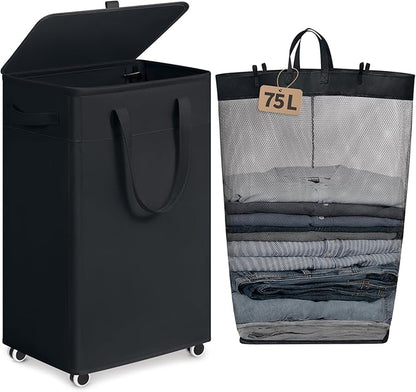 Goodpick Black Laundry Basket with Wheels and Lid, 75L Rolling Laundry Hamper for Dorm Bathroom, Large Tall Dirty Clothes Hamper with Removable Wash Bag, 16.5" x 12.5" x 27.5"