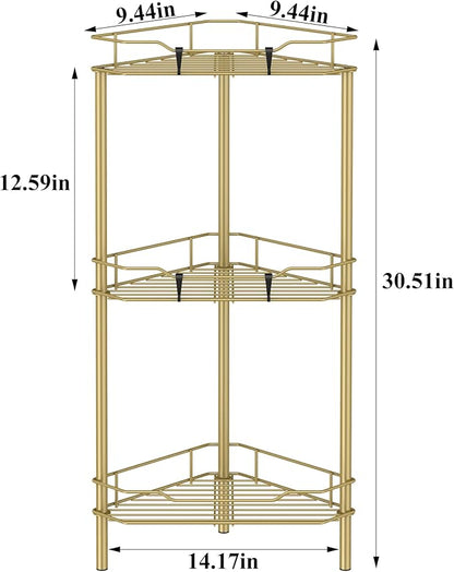 HuggieGems 3 Tier Floor Standing Corner Shower Caddy Organizer Shelf with Hooks, Bathroom Shelves Stand Rack, Gold