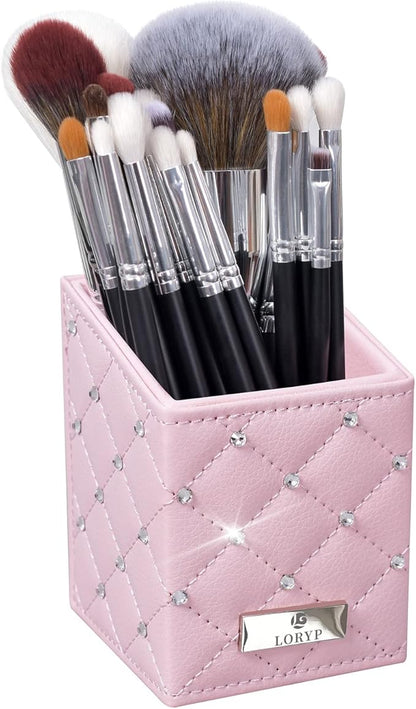 LORYP Makeup Brush Holder Crystal Brushes Cup Pink PU Make up Brush Case Bag Storage for Women (Pink-Large)