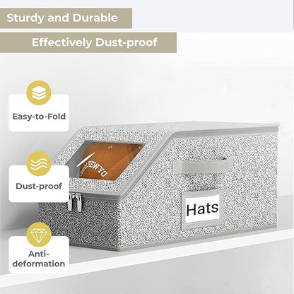 2 Pack Hat Organizer Box for Women & Men, Foldable Storage Box with Clear Lid for Baseball, Cowboy Caps, Stackable Clear Hat Organizer, Store up to 28 Caps, Grey