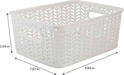 Simplify 3 Pack Small Herringbone Storage Basket | Dimensions: 10"x8"x4" | Light Weight | Two Open Handles | White | Organization | Many Uses | Kitchen Storage | Bathroom Storage |