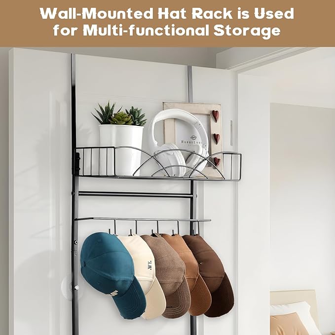 Metal Over Door Hat Rack for Baseball Caps- 3 Tier Wall Mounted Hat Rack with a Metal Basket, 5 Hooks and 5 Movable Hooks Design, Holds up to 40 Caps for Door, Bedroom & Closet