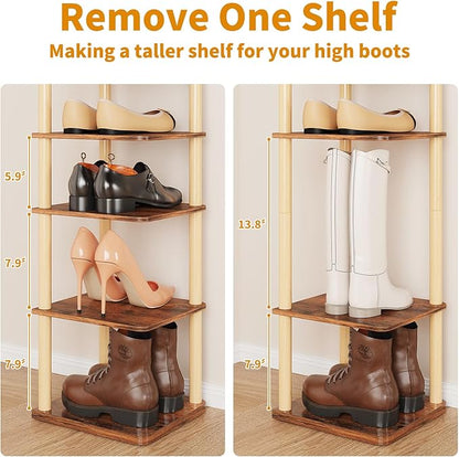 LUCKNOCK Vertical Shoe Rack, 8-Tier Tall Narrow Shoe Organizer for Entryway, Closet, Dorm & Small Spaces, Freestanding Wooden Shoe Shelf Tower for Boots, Sneakers, Heels. (Rustic Brown)