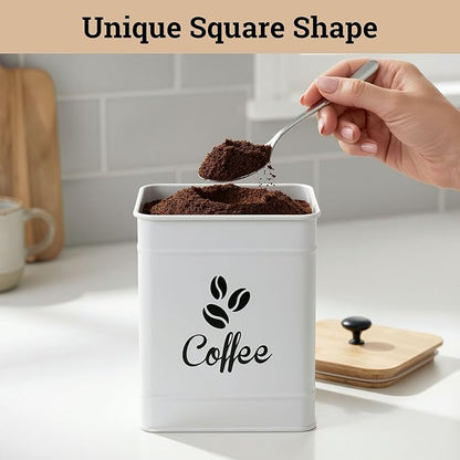 Airtight Coffee Canister - 40 oz Large Iron White Coffee Container Airtight - 6 x 8 inch Metal Jar - Stylish Countertop Container for Coffee Grounds, Beans, Pods & More with Rubber-Lined Bamboo Lid