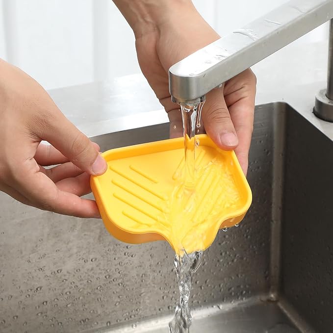 MicoYang Silicone Bathroom Soap Dishes with Drain Spout-Bathroom and Kitchen Sink Organizer,Sponge Holder,Dish Soap Tray,Perfect for Dispenser,Scrubber,Bottle,Cup on Sink or Counter-Yellow 4.9"×3.2"