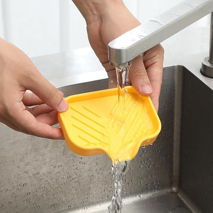 MicoYang Silicone Bathroom Soap Dishes with Drain Spout-Bathroom and Kitchen Sink Organizer,Sponge Holder,Dish Soap Tray,Perfect for Dispenser,Scrubber,Bottle,Cup on Sink or Counter-Yellow 4.9"×3.2"