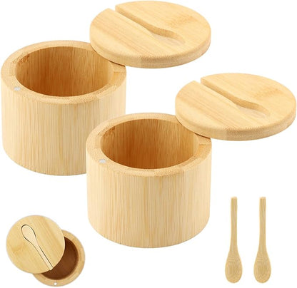 2Pcs Bamboo Salt and Pepper Bowls, Bamboo Salt Cellar Spice Box with Magnetic Swivel Lids and Spoons, Seasoning Containers for Salt, Pepper, Sugar, Spice