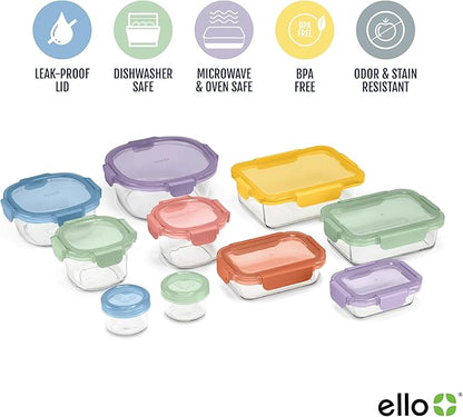 Ello Color Lock 20PC Mixed Glass Food Storage Sets, Leak-Proof Glass Food Storage Containers with Airtight BPA-Free Plastic Lids, Dishwasher, Microwave, and Freezer Safe, Desert Festival