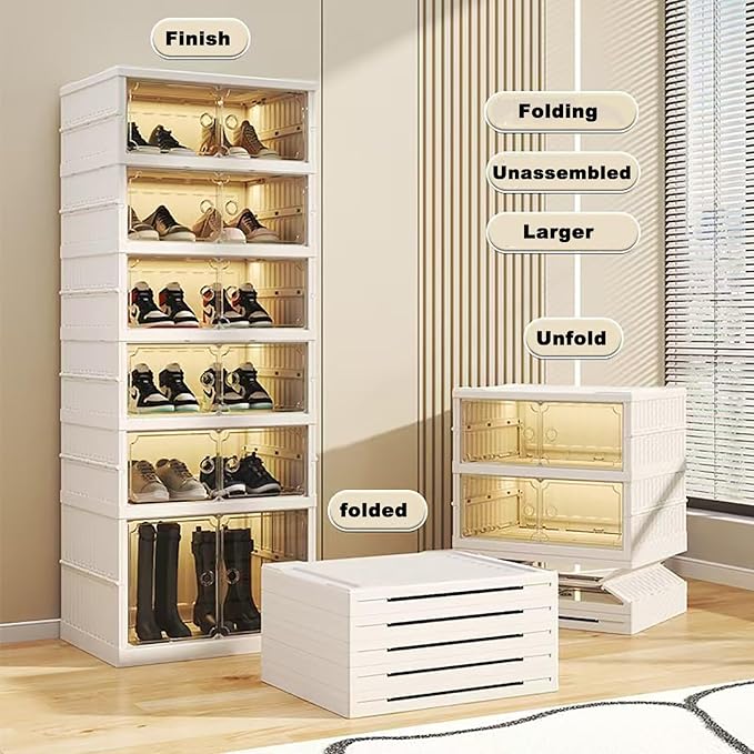 Folding Shoe Storage Cabinet with Clear Magnetic Doors, 6-Tier No-Assembly Shoe Rack Organizer, Stackable Large Capacity Shoe Box for Entryway, Closet, Fits Boots & Sneakers
