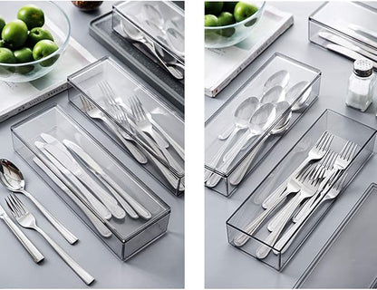 Transparent Flatware Tray Kitchen Drawer Organizer With Lid - Plastic Kitchen Cutlery Tray and Utensil Silverware Storage Container with Cover - Dinnerware Holder for Spoons Forks Knives