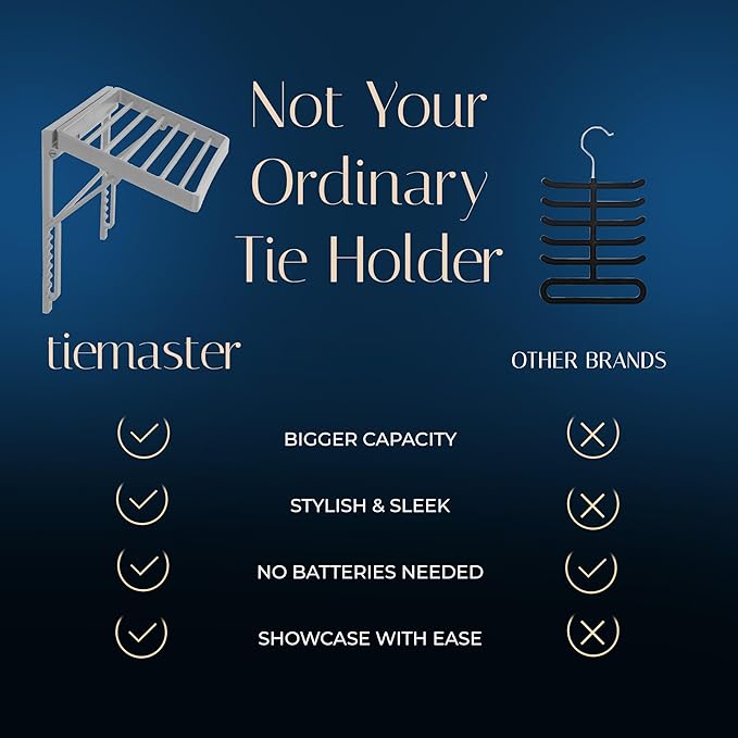 TieMaster Tie Rack and Scarf Organizer, Battery-Free Design, Holds 60 Ties and Scarves with 5 Belt Hooks, Easy Installation, Wall Mounted Tie Organizer, for Men & Women