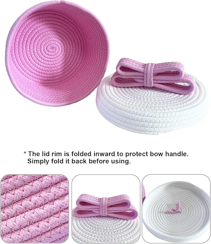 Cute Storage Baskets with Lids, Small Round Woven Rope Basket with Lid, Small Toy Box for Kids or Cat, Cute Basket for Gift, Decorative Basket with Chic Bow Handle, Pink