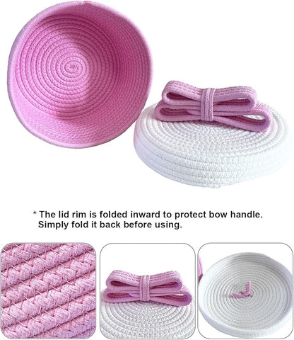 Cute Storage Baskets with Lids, Small Round Woven Rope Basket with Lid, Small Toy Box for Kids or Cat, Cute Basket for Gift, Decorative Basket with Chic Bow Handle, Pink