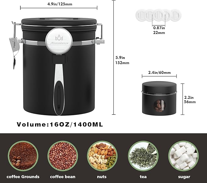 Coffee canister set for ground coffee with Date Tracker,Co2 Valve,Travel jar,Stainless Steel Kitchen Food Airtight storage container for Coffee Beans or Grounds,Tea,Sugar (16oz-Black)