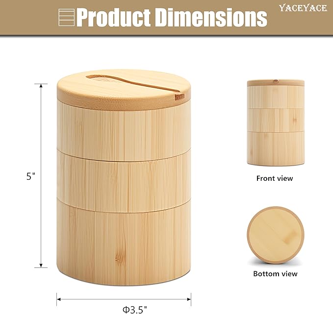 Bamboo Salt Cellar Bowl Box, 10oz Three-layer Small Salt and Pepper Containers, Bamboo Container Box with Lid and Spoon for Salt, Pepper