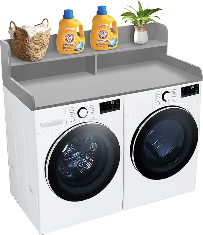Royxen Laundry Countertop with 2-Tier Shelf Universal Fit, Washer and Dryer Countertop with Storage Space, Shelf Height 11.5 Inches, Solid Wood Core, Grey