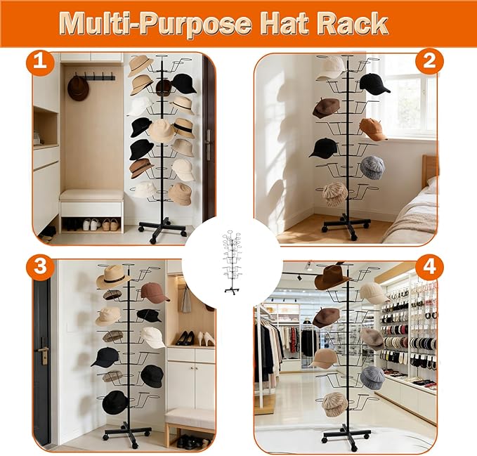 uyoyous 7-Tier Rotating Hat Rack Stand for Retail Stores, Heavy-Duty Metal Hat Display Organizer with Wheels, Holds 35+ Caps for Boutique & Home Use