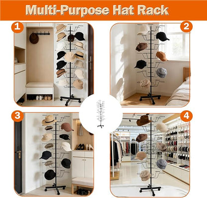 uyoyous 7-Tier Rotating Hat Rack Stand for Retail Stores, Heavy-Duty Metal Hat Display Organizer with Wheels, Holds 35+ Caps for Boutique & Home Use