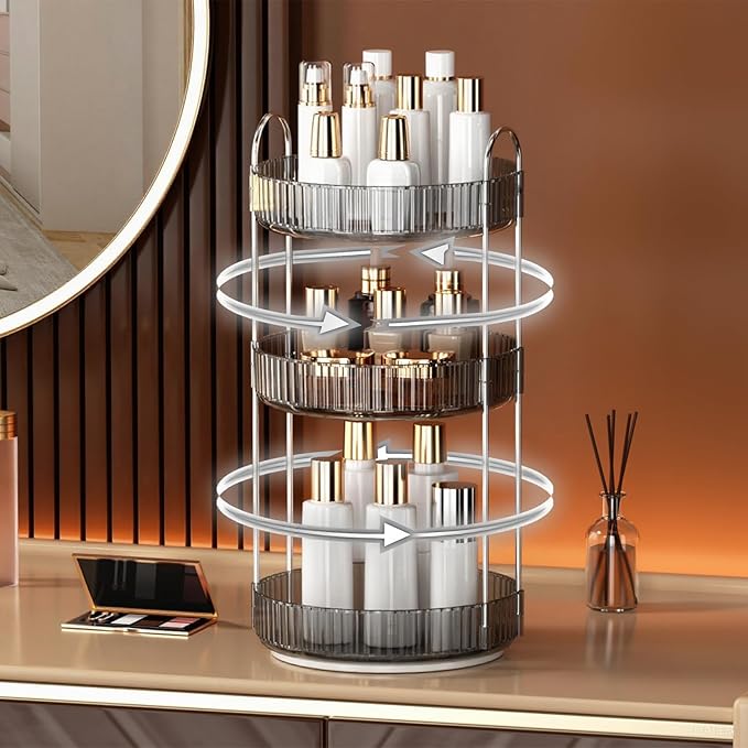 YCIA&DONE 360 Rotating Makeup Organizer and Storage for Vanity Countertop 3 Tiers, High Capacity Cosmetic Skincare Perfume Organizers for Dresser Bathroom Lazy Susan (Smoky Gray)