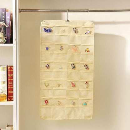 Hanging Jewelry Organizer Dual Sided Foldable Jewelry Roll with Hanger for Jewelry Brooches Closet Necklace Earrings Bracelet Ring Hair Accessories Travel Holder, Beige