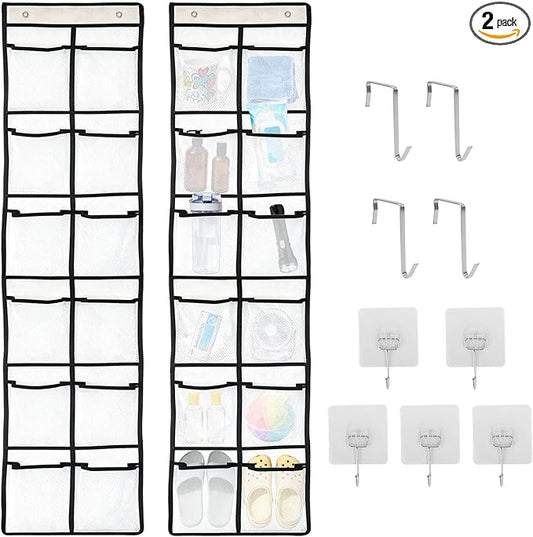 Klmnop 2 Pack Over The Door Organizer For Cruise Ships, 12-Pocket Hanging Storage with 9 Hooks for Cabin, 58x11 Inches, Cruise Essentials for Shoes and Toiletries(White)