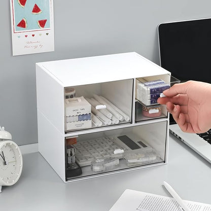 MILULUGO Desk Organizer with 4 Drawers, Makeup Organizer, Desktop Storage Box, Cosmetics Storage Box for nail polish, Lipstick, Brushes, Jewelry, Skincare, Bathroom Organization Boxes(White)