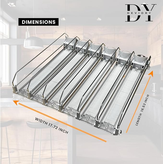 Soda Can Organizer with Automatic Can Pusher | Refrigerator Drink Organizer | Beverage Dispenser for Soda, Cans and Bottles | Space-Saving | Stainless Steel | Adjustable Sizes | 6 Rows