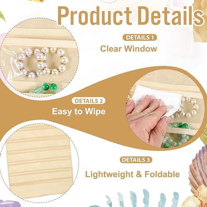 4 Pcs Hanging Jewelry Organizer with 80 Pockets, Dual-Sided Jewelry Holder Hanging Storage Organizer Hanger Closet for Bracelet Necklace Ring Earring Accessories, Beige