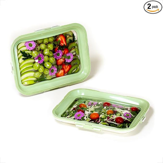 Crudités | Portable Snack Tray | Rectangle 2-Pack | Sage Green | Reversible Stretch Lid Food Containers | BPA-Free, Freezer & Dishwasher Safe | Meal-Prep, Charcuterie, Salads, Picnic, Travel