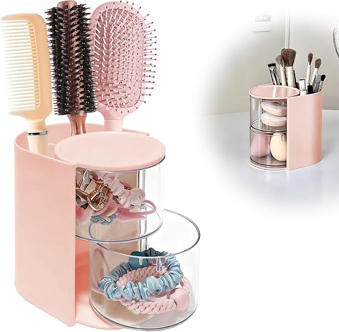 Pink Hair Accessories Organizer & Hair Brush Holder, Rotating Hair Tie Product Organizer for Girls, 2-Tier Makeup Brush Holder for Clips, Small Jewelry Box for Clip Earring Necklaces Bows & Brushes