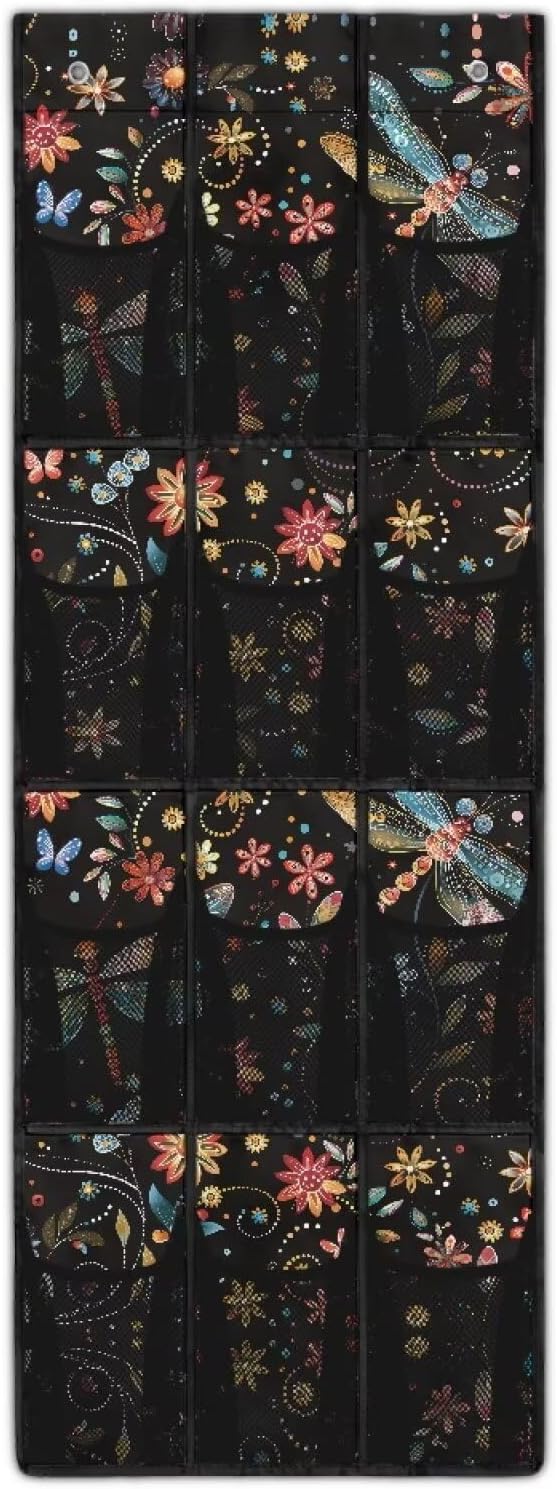 Over The Door Shoe Organizer 12 Large Mesh Pockets Hanging Storage Shoe Rack for Closet Easy to Install Machine Washable,Dragonfly