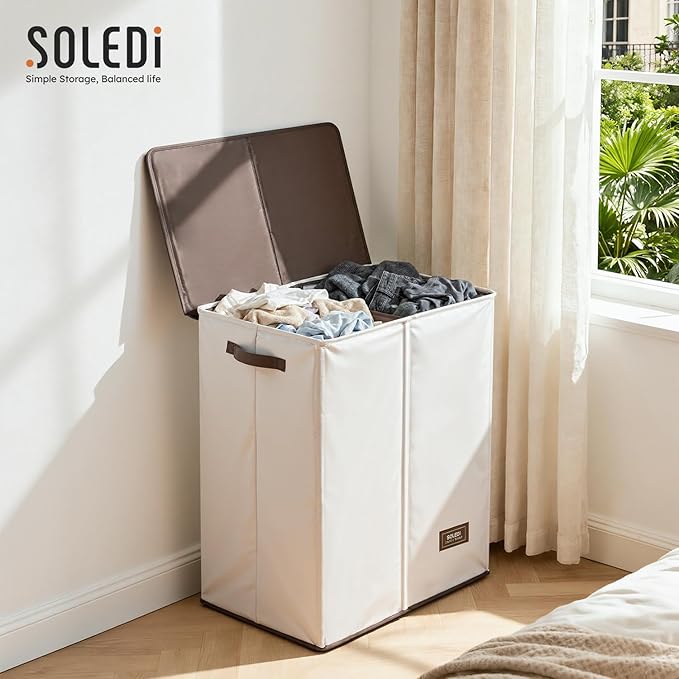 SOLEDI Luxury Double Laundry Hamper with Lid and Removable Bags, Large Hamper for Laundry, Laundry Basket 2 Sections, Collapsible Ditry Clothes Hamper for Bedroom, Laundry Room, Bathroom, Off-white