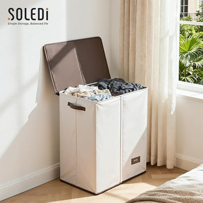 SOLEDI Luxury Double Laundry Hamper with Lid and Removable Bags, Large Hamper for Laundry, Laundry Basket 2 Sections, Collapsible Ditry Clothes Hamper for Bedroom, Laundry Room, Bathroom, Off-white