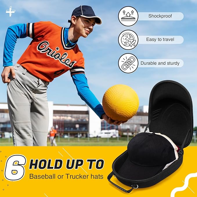 Hat Travel Case,Hat Case for Baseball Caps with Carrying Handle and Adjustable Shoulder Strap,Organizer Protects up to 6 Hats, Box for Travel and Home Storage(Black)