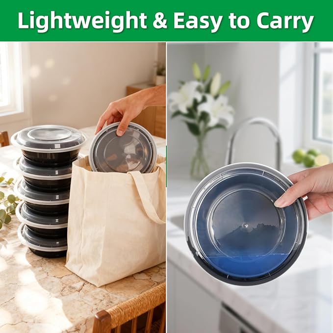 Meal Prep Containers Reusable 10 Pack-24 oz Food Storage Containers with Lids To Go Food Containers Takeout, Microwave Dishwasher Freezer Safe, Stackable, BPA Free, Plastic (Black)