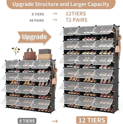 ROJASOP Portable Shoe Rack Organizer, 72 Pairs Covered Shoe Rack Shoe Organizer for Closet Entryway 12-Tier Shoe Storage Cabinet Space Saver Closed Shoe Organizer Cabinet with Doors