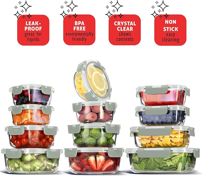 EATEX 48pc Glass Storage Containers with Lids, 24 Glass Food Storage Containers with 24 Airtight Lids for Pantry & Kitchen, Meal Prep Containers for Lunch, Oven Freezer Microwave & Dishwasher Safe