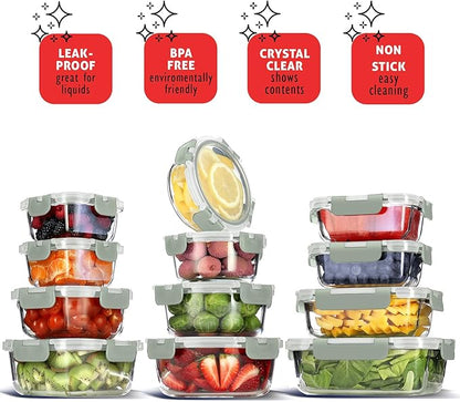 EATEX 48pc Glass Storage Containers with Lids, 24 Glass Food Storage Containers with 24 Airtight Lids for Pantry & Kitchen, Meal Prep Containers for Lunch, Oven Freezer Microwave & Dishwasher Safe