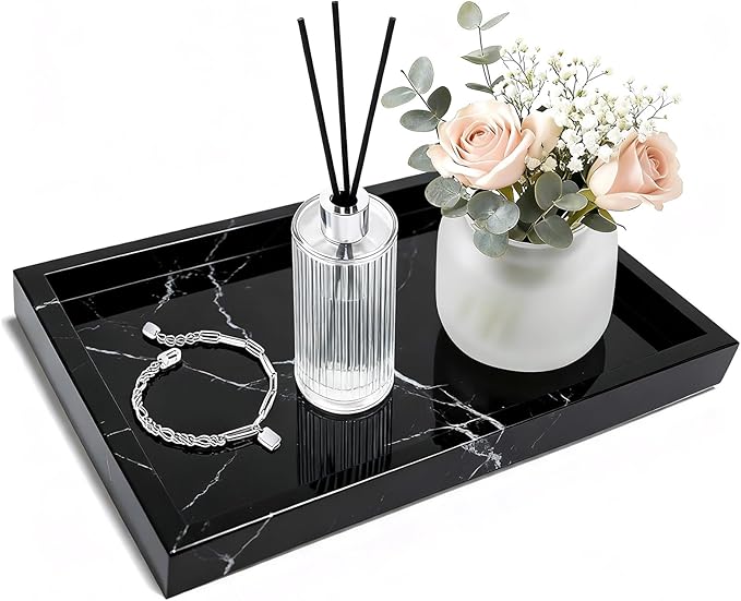 Pure Natural Marble Tray for Bathroom, Dresser, Sink. Cosmetics, toiletries, perfumes, Jewelry, Candles, etc. can be Placed (Black and White Root, 12" x 8" x 1.2")