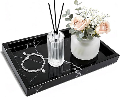 Pure Natural Marble Tray for Bathroom, Dresser, Sink. Cosmetics, toiletries, perfumes, Jewelry, Candles, etc. can be Placed (Black and White Root, 12" x 8" x 1.2")