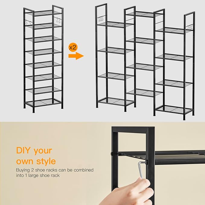 8 Tiers Narrow Shoe Rack 16-24 Pairs, Sturdy Metal Tall Shoe Rack with 4 Hooks, Slim Shoe Storage Organizer with Metal Shelf, Space Saving Vertical Shoe Shelf for Entryway, Closets, Black