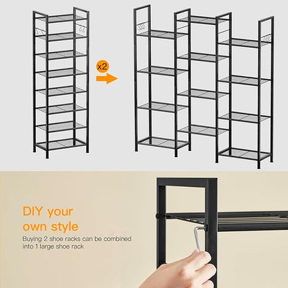 8 Tiers Narrow Shoe Rack 16-24 Pairs, Sturdy Metal Tall Shoe Rack with 4 Hooks, Slim Shoe Storage Organizer with Metal Shelf, Space Saving Vertical Shoe Shelf for Entryway, Closets, Black