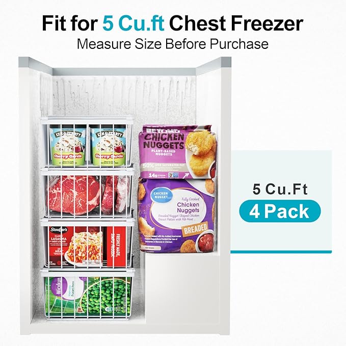 iSPECLE Freezer Organizer Bins - 4 Pack Stackable Chest Freezer Organizer for 5 Cu Ft Deep Freezer Sort Frozen Food, Deep Freezer Organizer Bins Easy to Get Food from Bottom without Digging, White