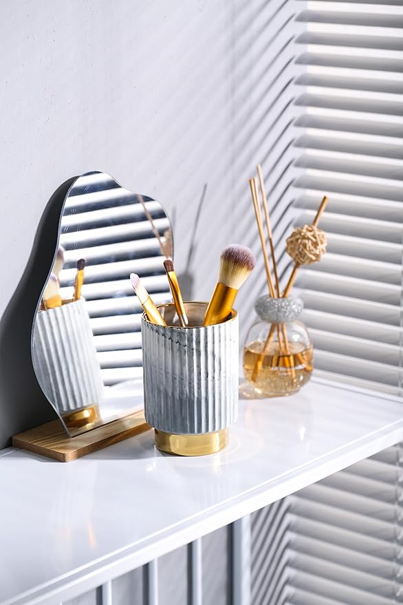 IEEK Makeup Brush Holder Organizer Pen Pencil Cup Glass Make Up Brushes and Toothbrush Organizer for Bathroom Vanity Desktop European Style Striped Brushes Container,Grey and Gold