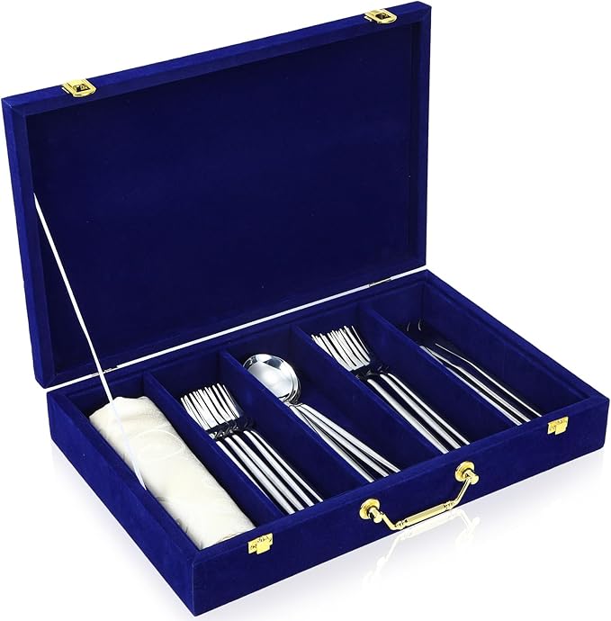 Pickmesh Silverware Case with Lid and Handle, Silverware Storage Box Sterling Silver Flatware Chest Without Silver Tarnish Proof Utensils Organizer for Kitchen Decor Wedding Gifts(Royal Blue,1 Layer)