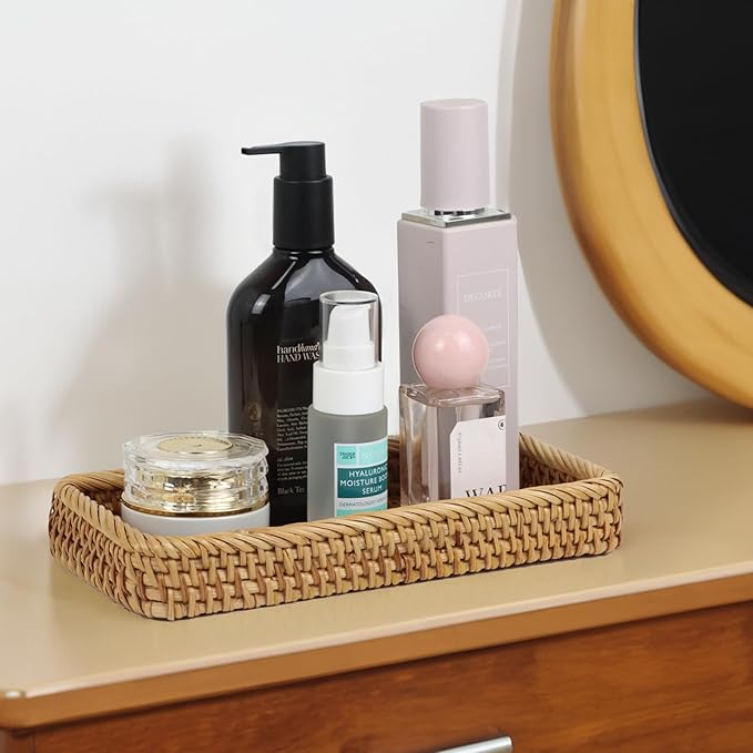 Rattan Bathroom Tray Countertop, Wicker Toilet Tank Basket, Decorative Bathroom Vanity Tray for Decor Coffee Table